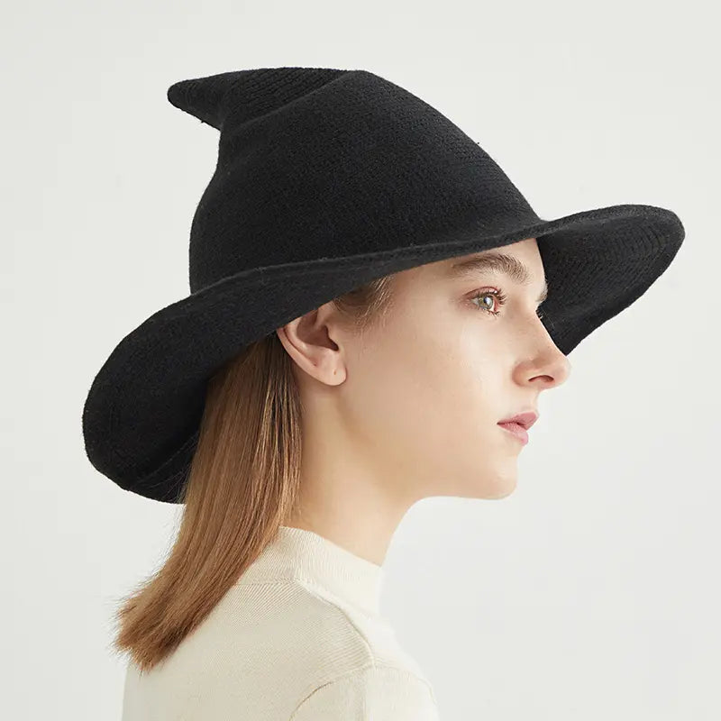 Black Knitted Wool Foldable Witch Hat