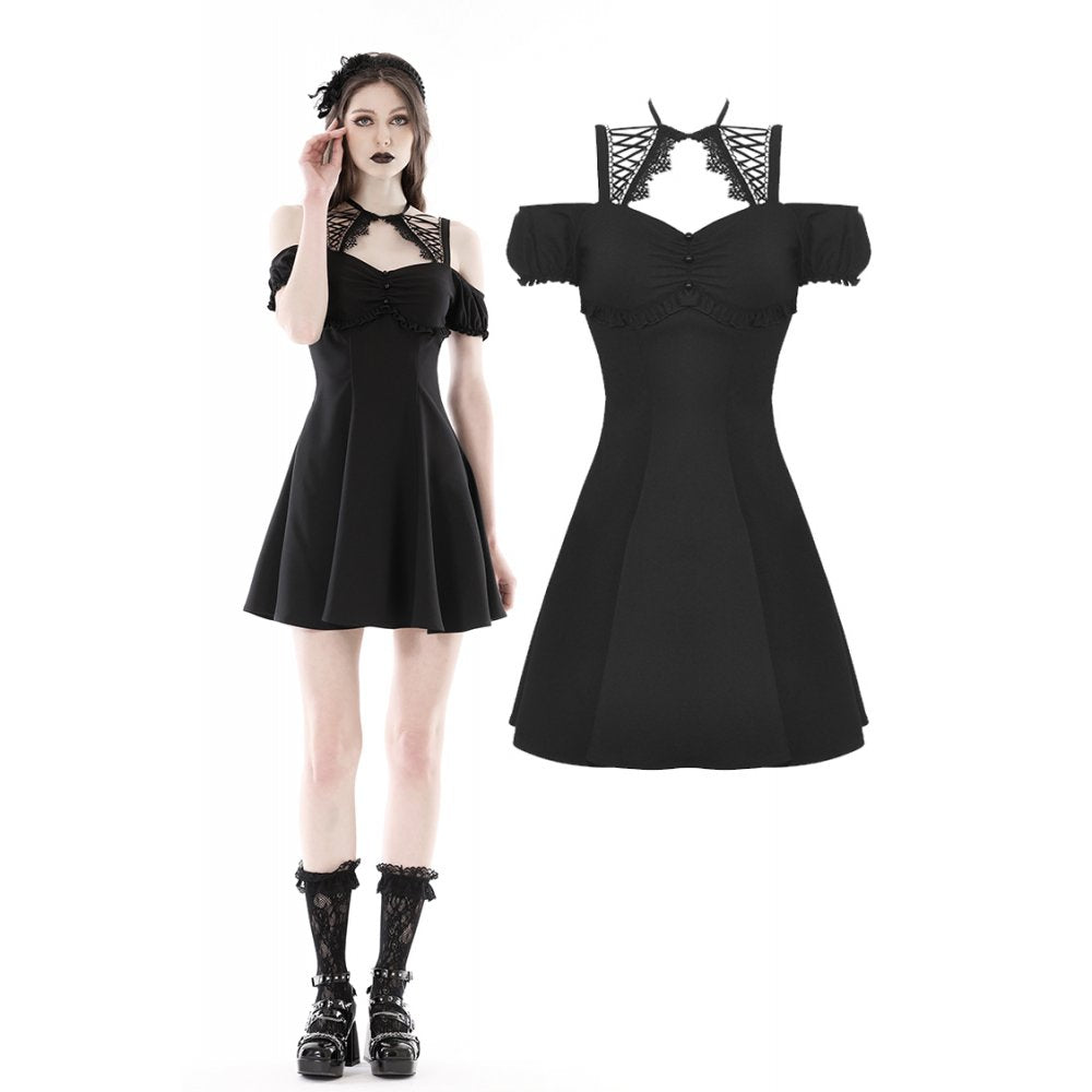 Dark in Love Black Lace Up Collar Strap Dress