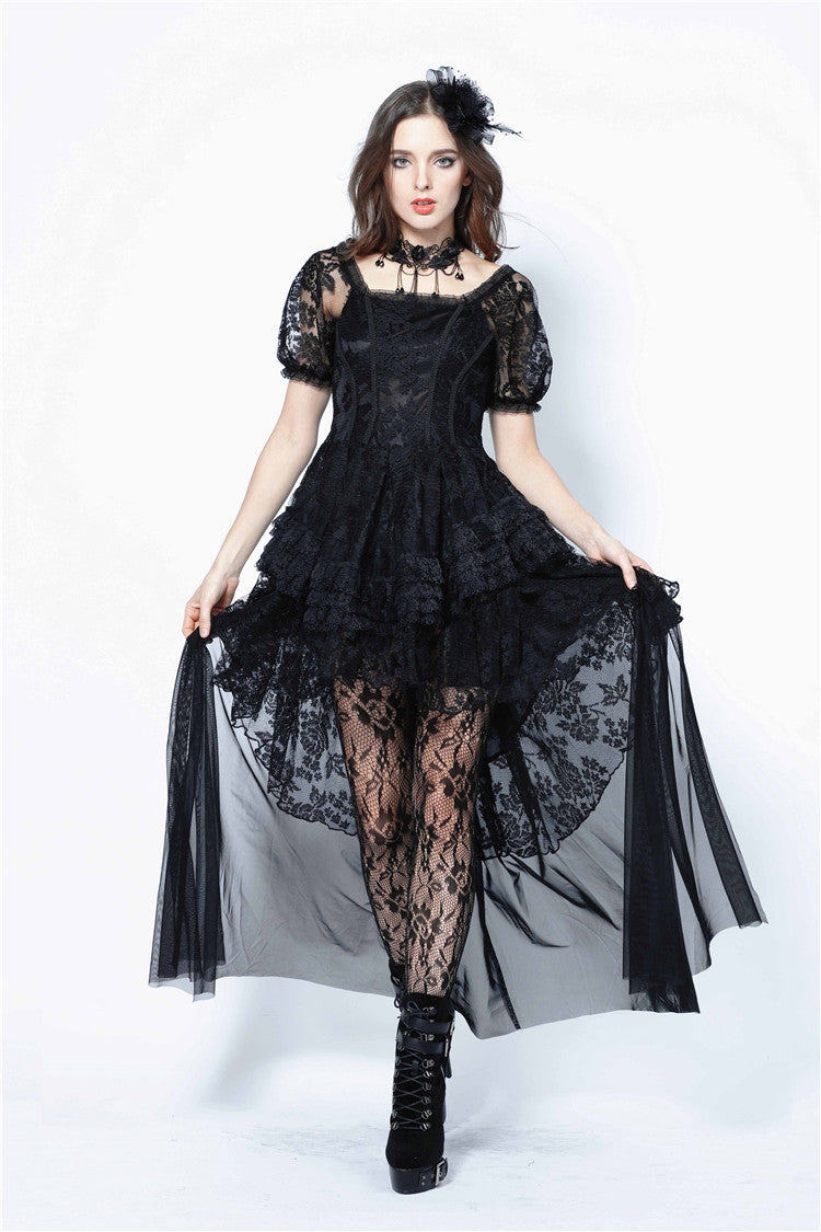 Dark in Love Gothic Lolita Puff Sleeves Lace Tail Dress