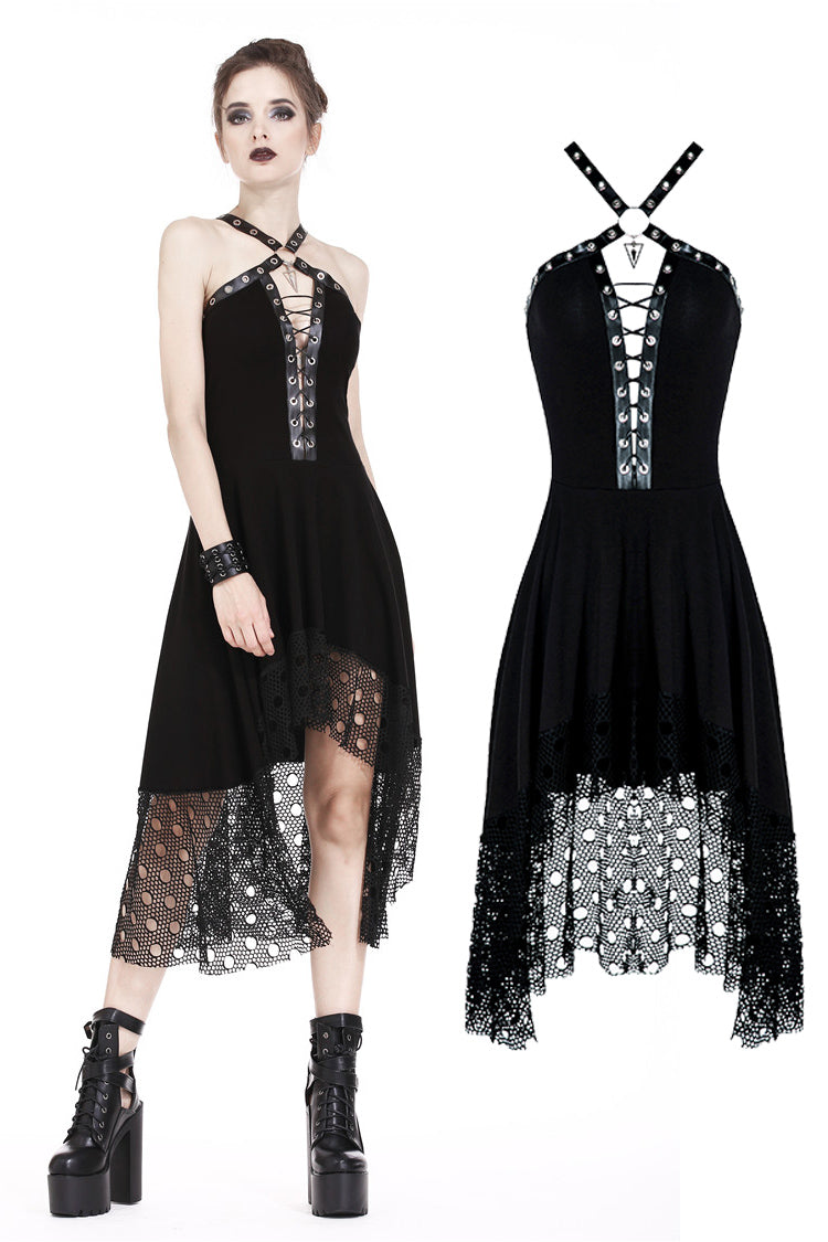 Dark in Love Black Punk Dress With Net Pattern Hem