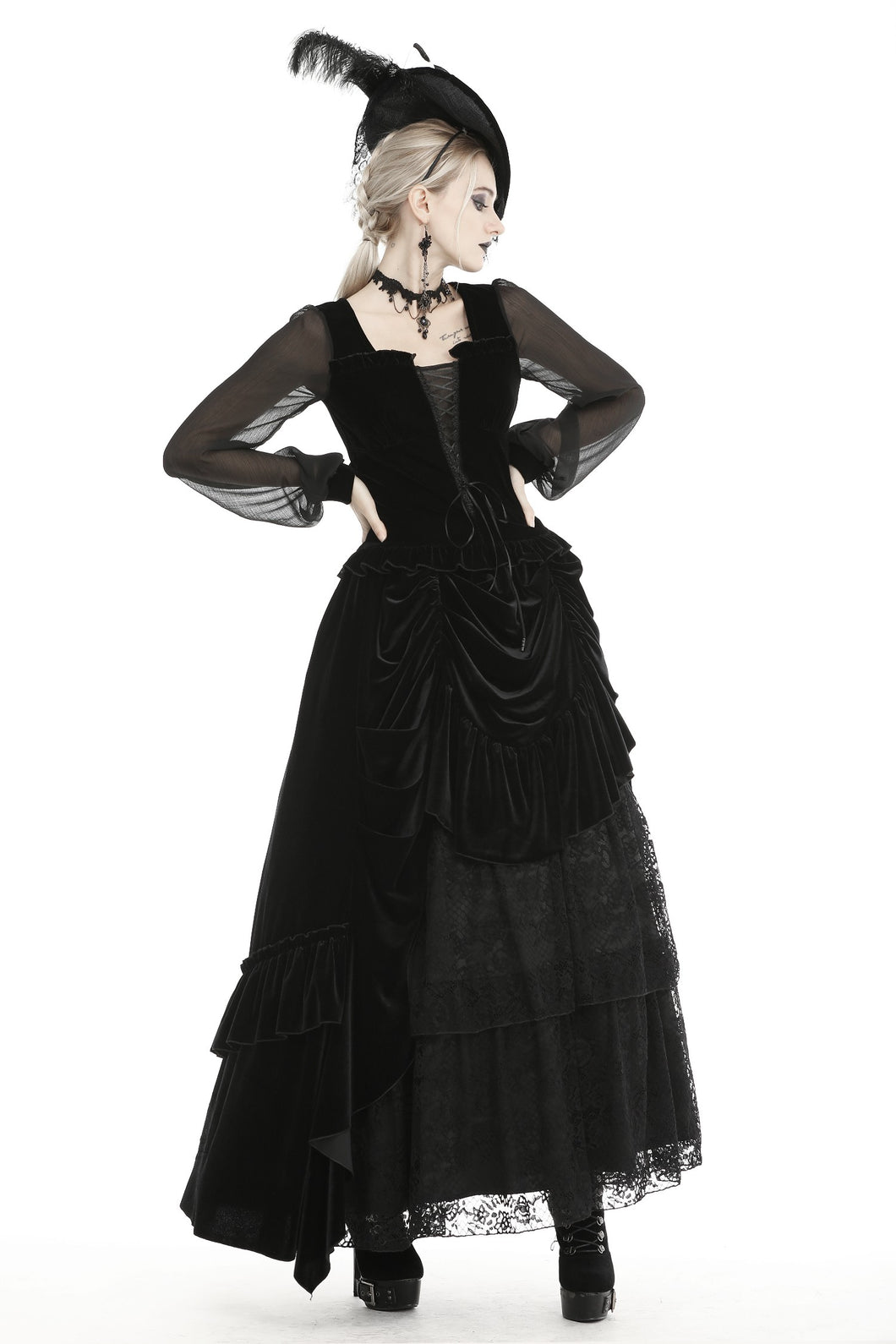 Dark in Love Gothic Queen Long Ruffled Velvet Skirt