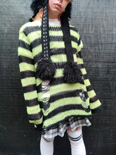 Load image into Gallery viewer, Lime Green &amp; Black Stripe Knit Distressed Sweater
