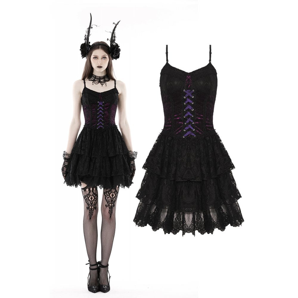 Dark in Love Gothic Black and Purple Lace Mini Dress
