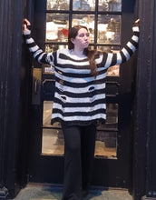 Load image into Gallery viewer, Black &amp; White Stripe Knit Distressed Sweater
