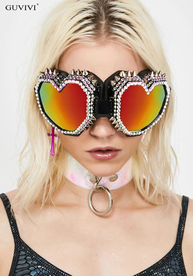Black Heart Shape Rave Goggles with Spikes and Rhinestones