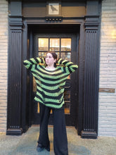 Load image into Gallery viewer, Lime Green &amp; Black Stripe Knit Distressed Sweater
