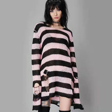 Load image into Gallery viewer, Pink &amp; Black Stripe Knit Distressed Sweater
