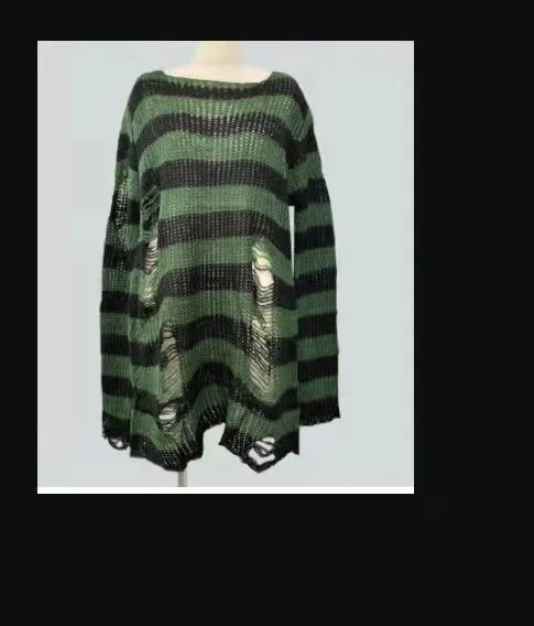 Green & Black Stripe Knit Distressed Sweater