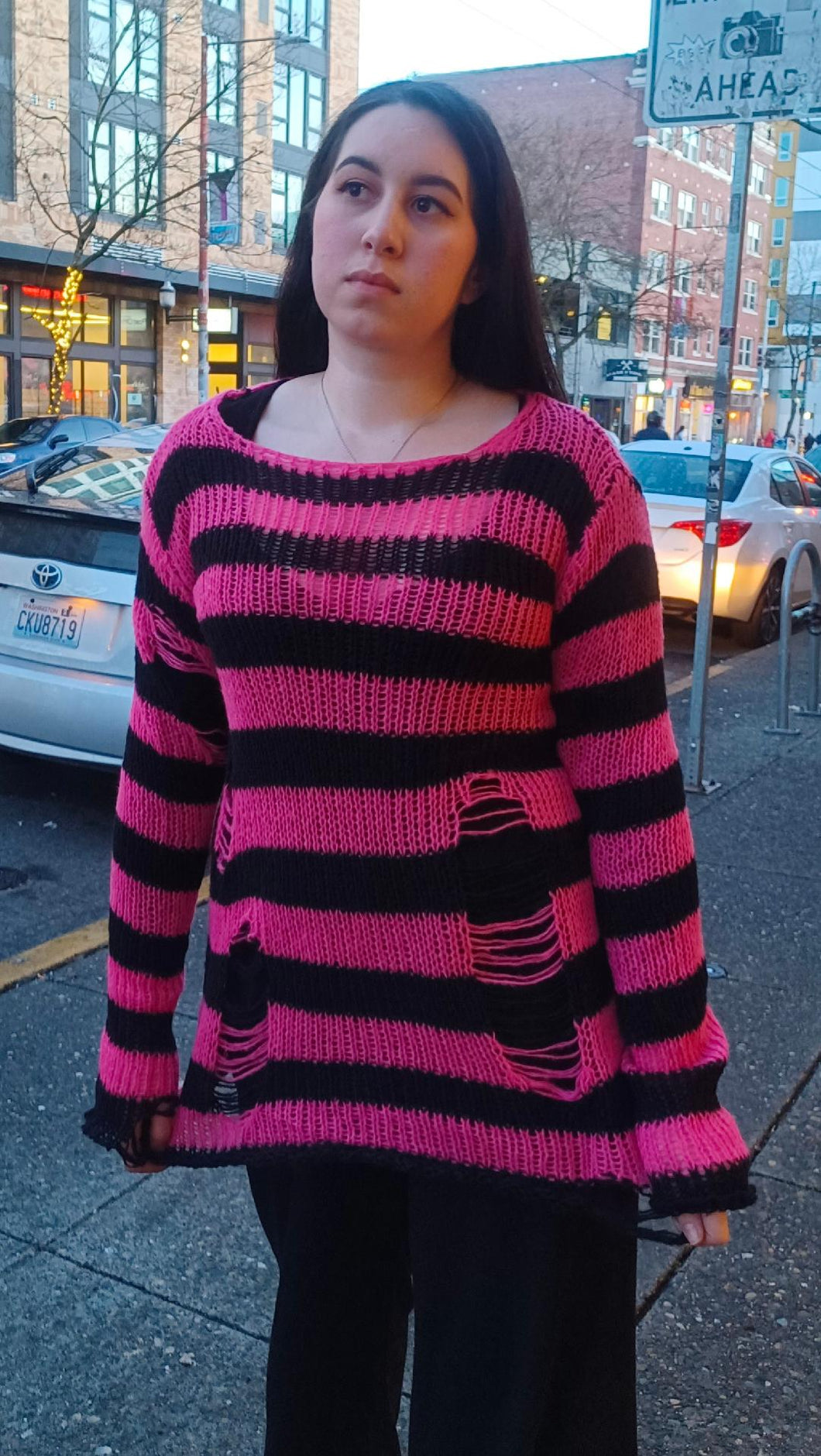Hot Pink & Black Stripe Knit Distresses Sweater