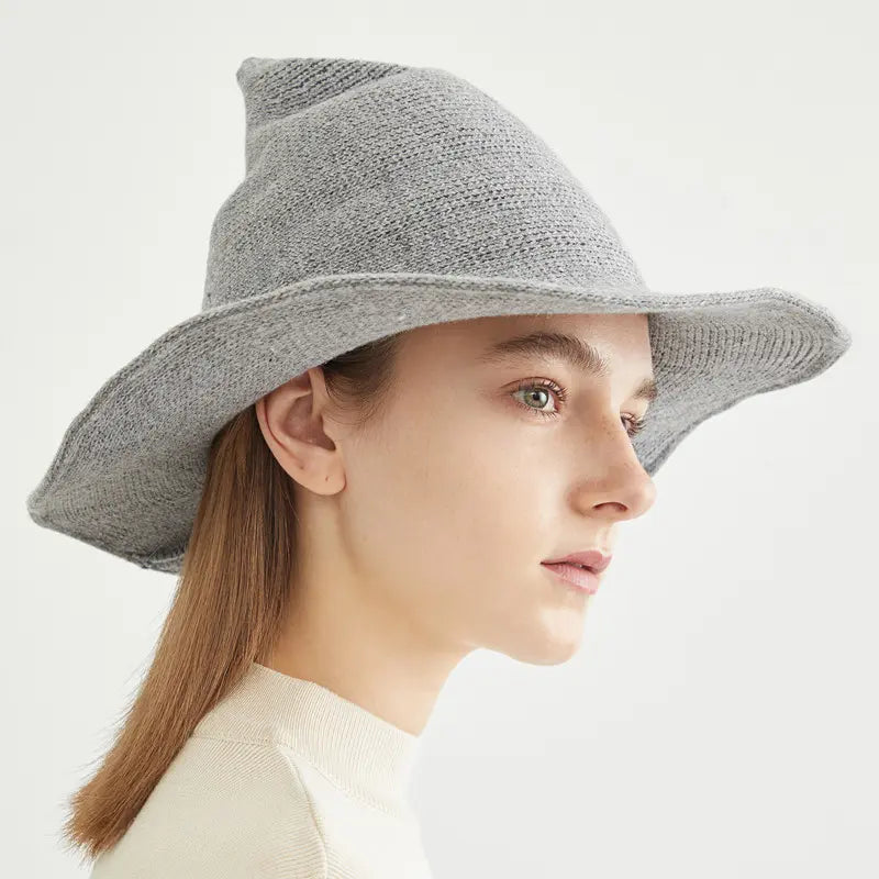 Light Grey Knitted Wool Foldable Witch Hat