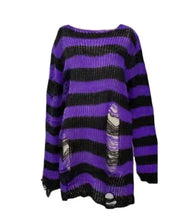 Load image into Gallery viewer, Purple &amp; Black Stripe Knit Distressed Sweater
