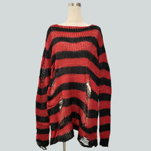 Load image into Gallery viewer, Red &amp; Black Stripe Knit Distressed Sweater
