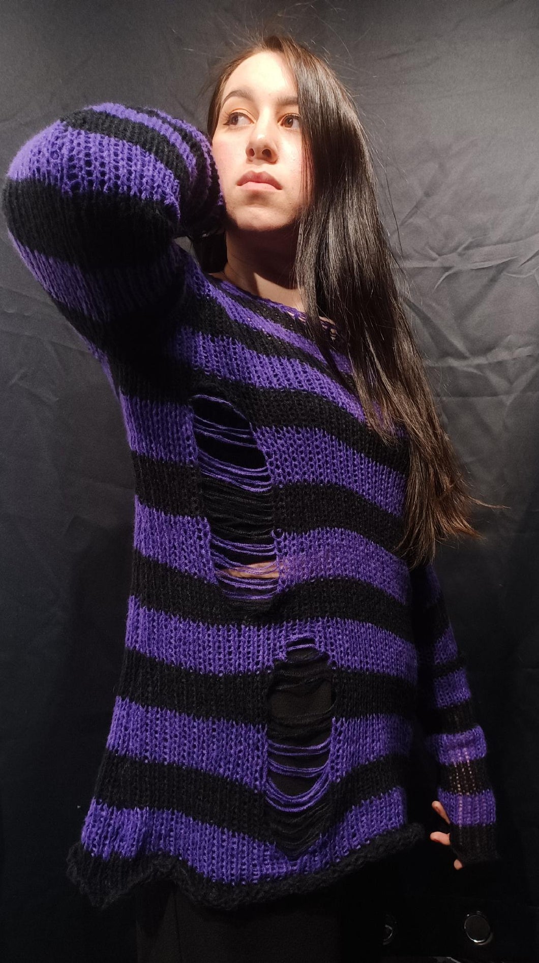 Purple & Black Stripe Knit Distressed Sweater