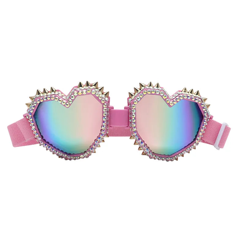 Pink Heart Shaped Rave Goggles with Spikes and Rhinestones