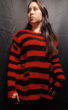 Load image into Gallery viewer, Red &amp; Black Stripe Knit Distressed Sweater
