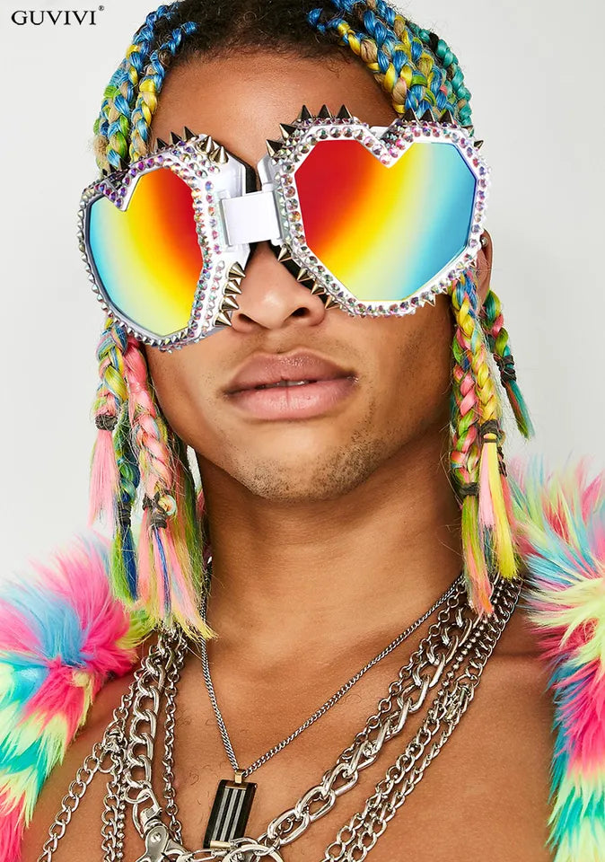 White Heart Shaped Rave Goggles with Spikes and Rhinestones