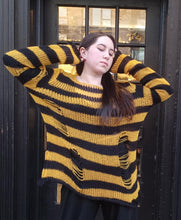 Load image into Gallery viewer, Yellow &amp; Black Stripe Knit Distressed Sweater
