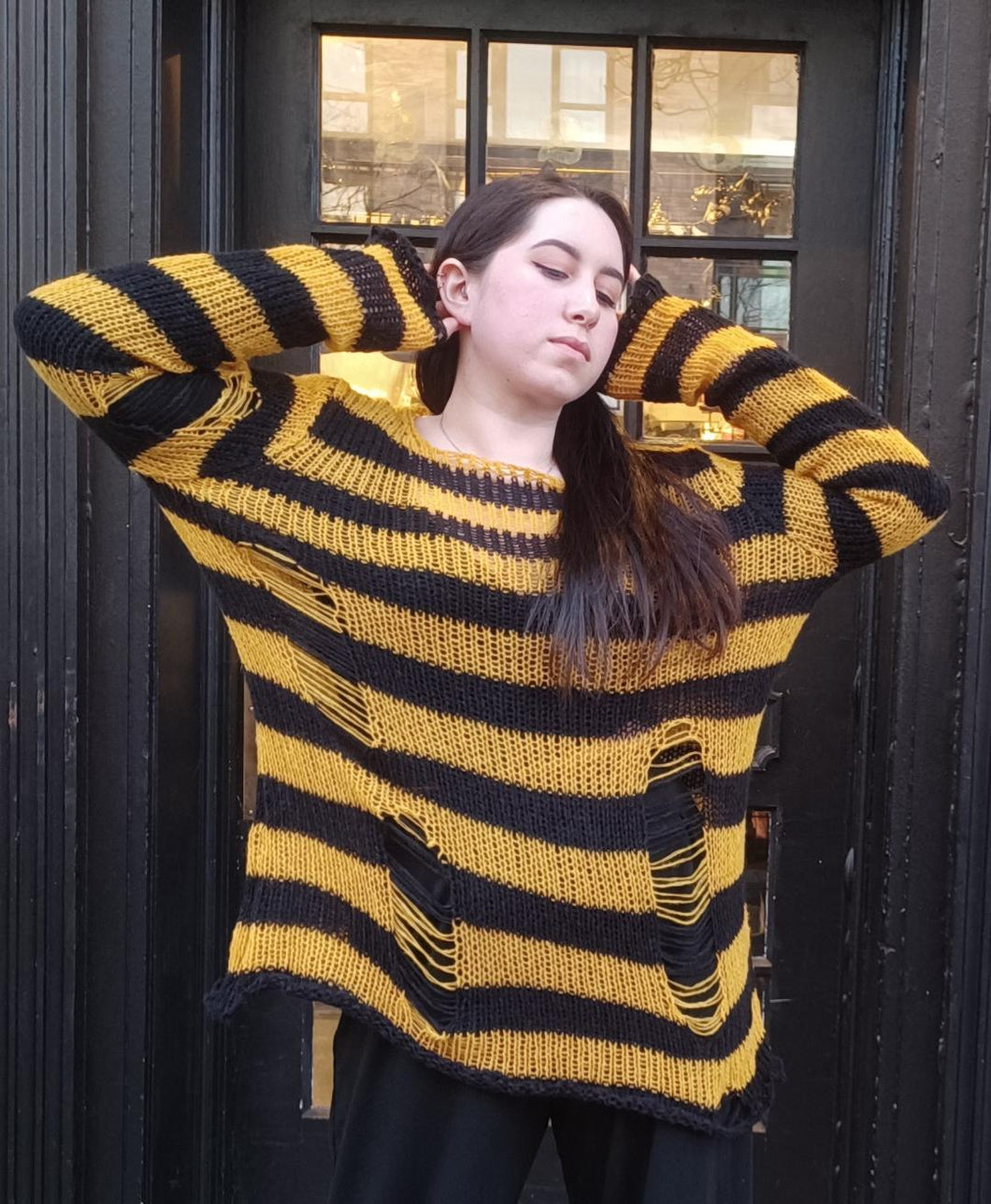 Yellow & Black Stripe Knit Distressed Sweater
