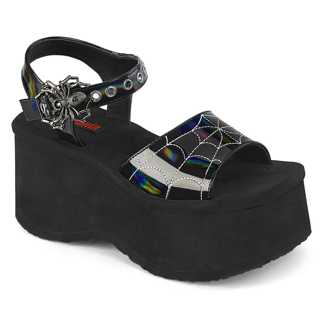 Demonia Funn-10 Black Holographic Platform Sandal