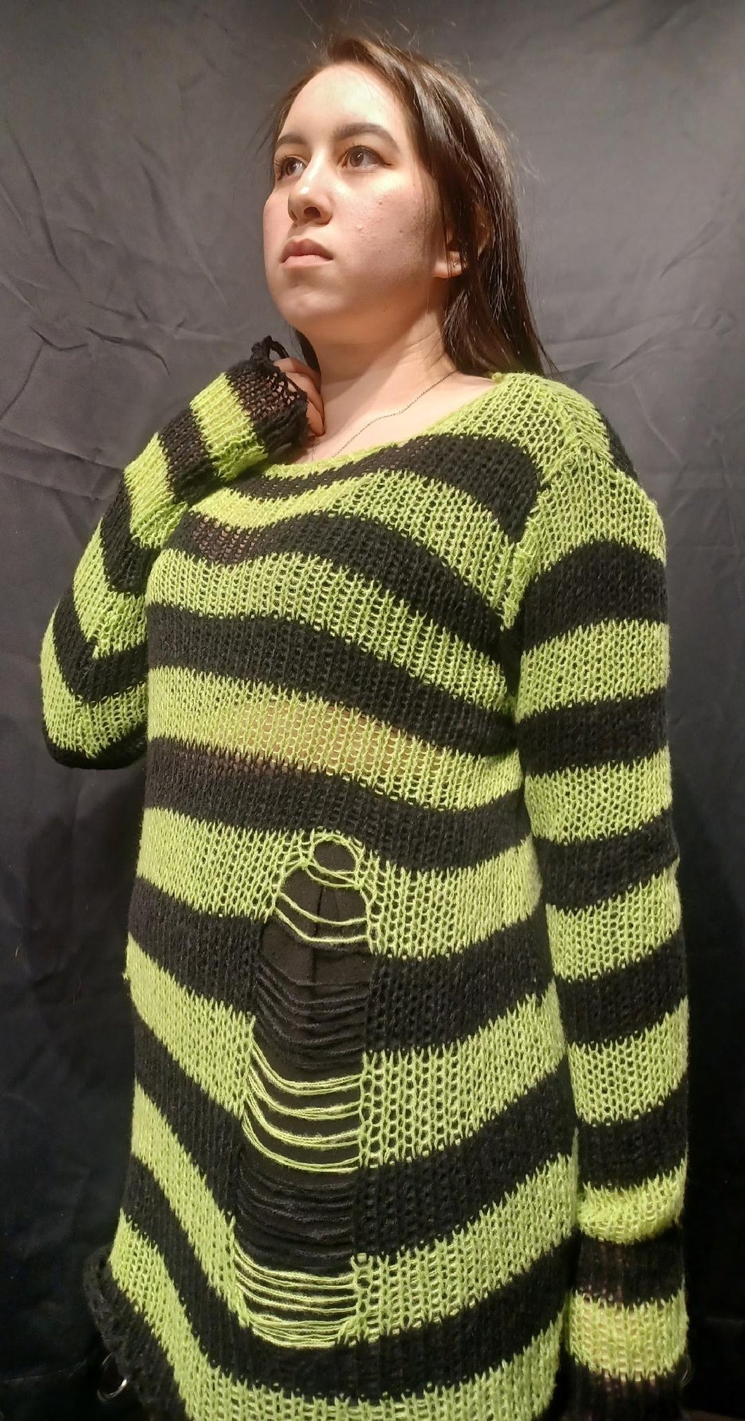 Lime Green & Black Stripe Knit Distressed Sweater