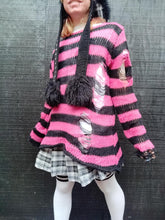 Load image into Gallery viewer, Hot Pink &amp; Black Stripe Knit Distresses Sweater
