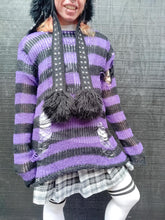 Load image into Gallery viewer, Purple &amp; Black Stripe Knit Distressed Sweater
