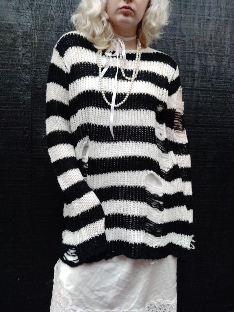 Black & White Stripe Knit Distressed Sweater