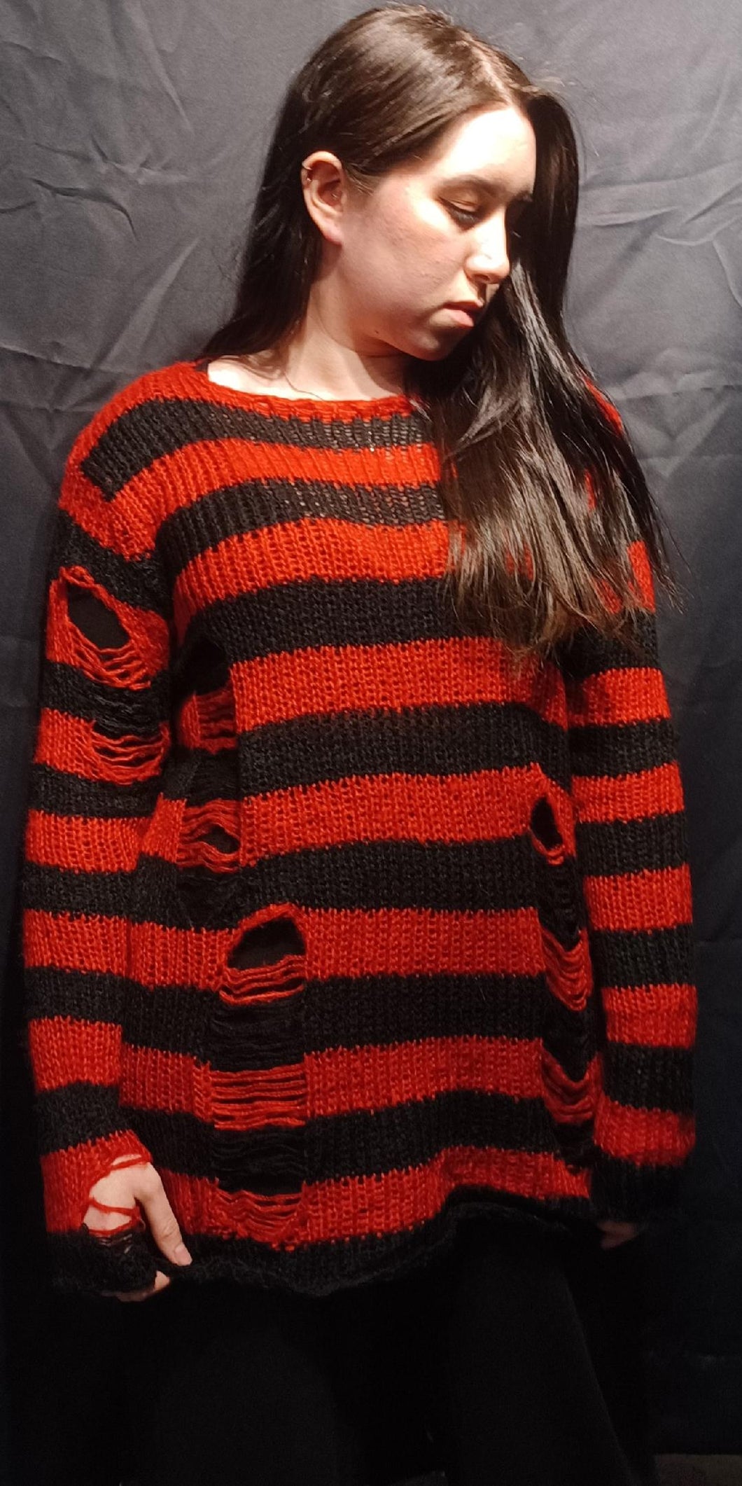 Red & Black Stripe Knit Distressed Sweater