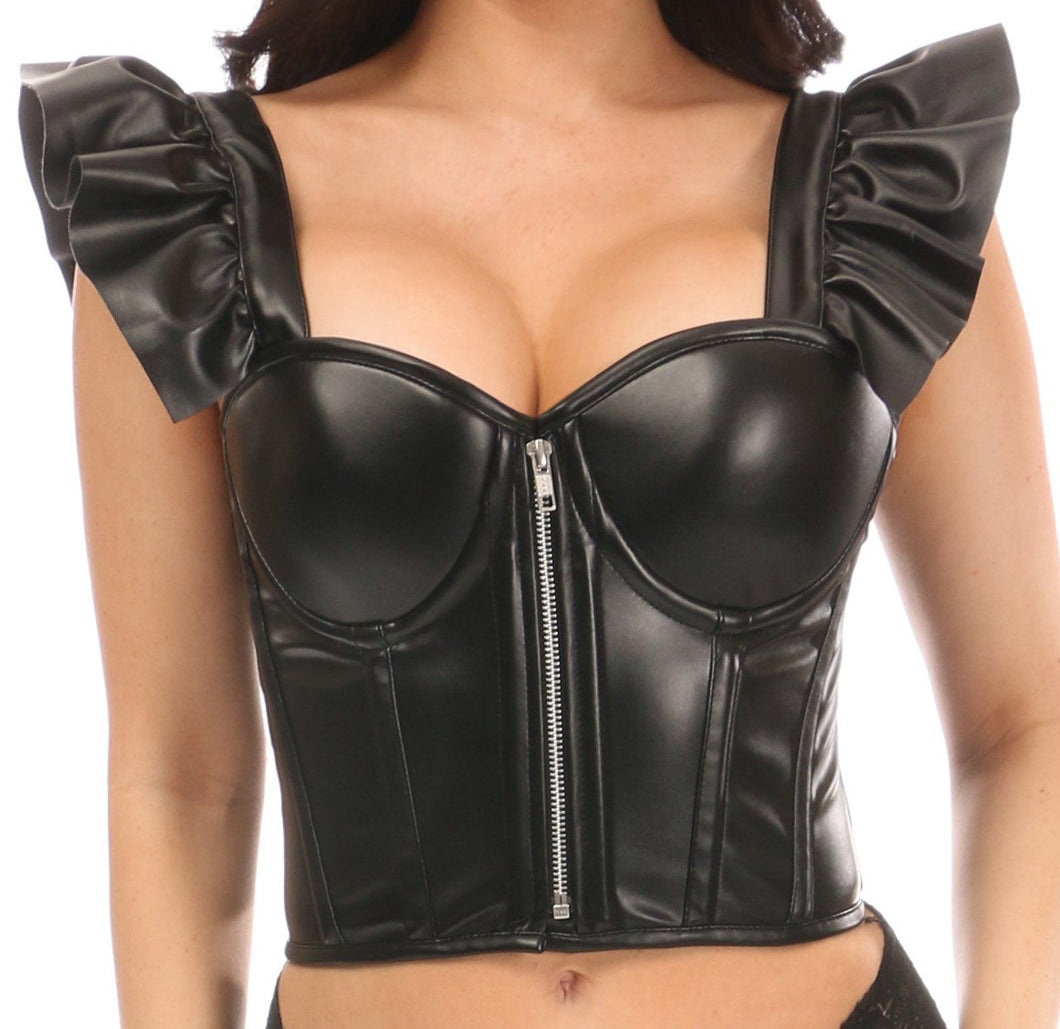 Daisy Corsets Black Vegan Leather Bustier Top w/Ruffle Sleeves (S-5xl)