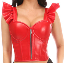 Load image into Gallery viewer, Daisy Corsets Red Vegan Leather Bustier Top w/Ruffle Sleeves (S-5xl)
