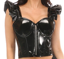 Load image into Gallery viewer, Daisy Corsets Black Patent Bustier Top w/Ruffle Sleeves (S-5xl)
