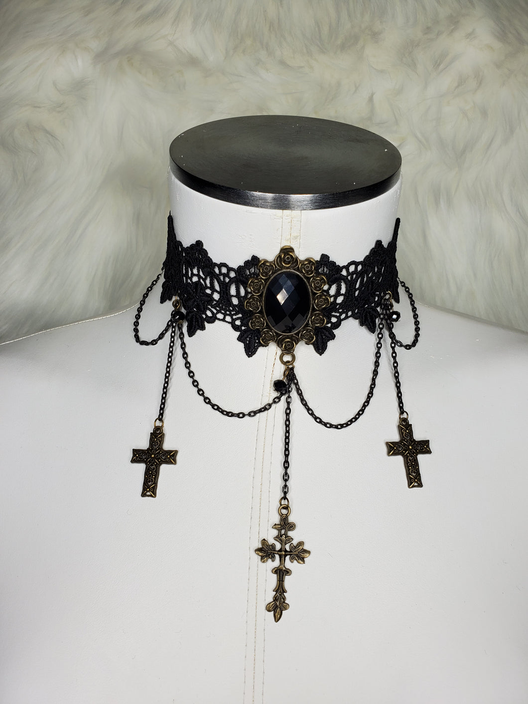 Dark in Love Lace Choker with Dangling Crosses