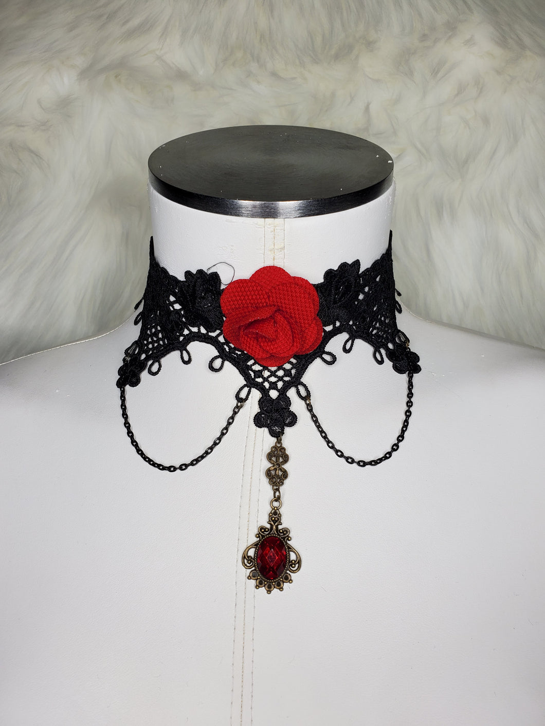 Dark in Love Lace Choker with Red Flower