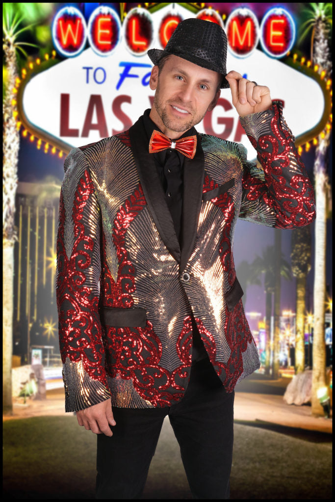 Red and Gold Sequin Party Blazer