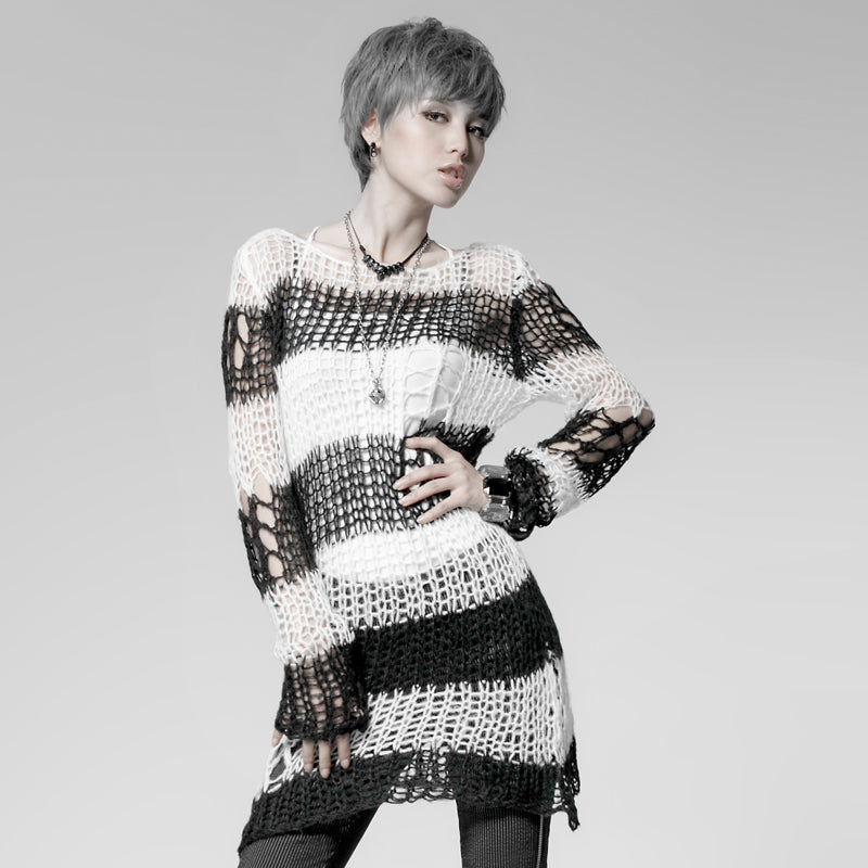 Punk Rave Black and White Stripe Hollow-out Sweater