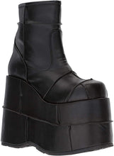 Load image into Gallery viewer, Demonia Stack-201 Patchwork Platform Boots in Black Vegan Leather
