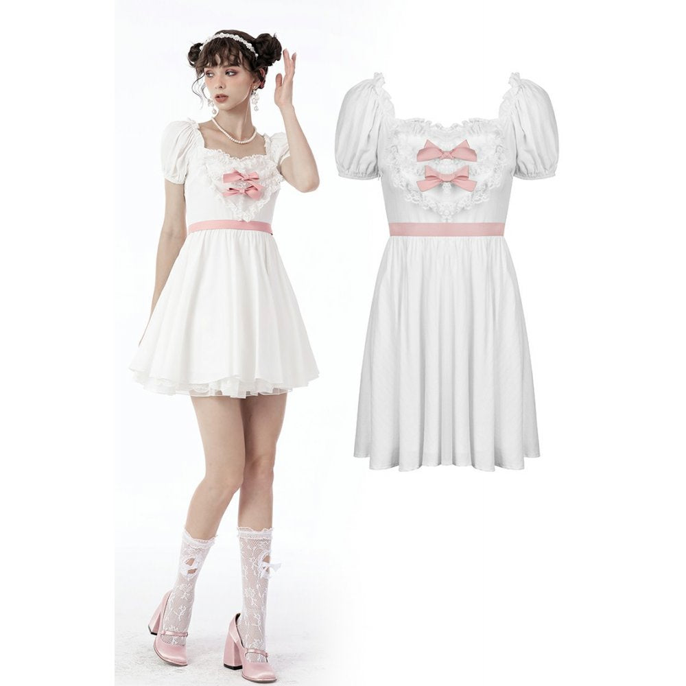 Dark in Love White Lace Heart Pink Bow Dress