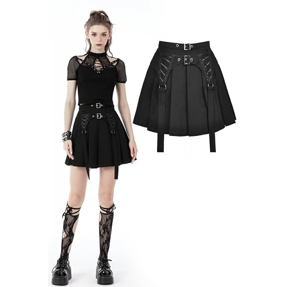 Dark In Love Black Punk Double Buckle Pleated Skirt