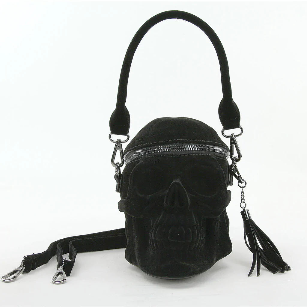 Skull Velvet Handbag in Black