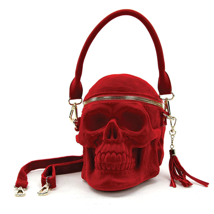 Skull Velvet Handbag in Red