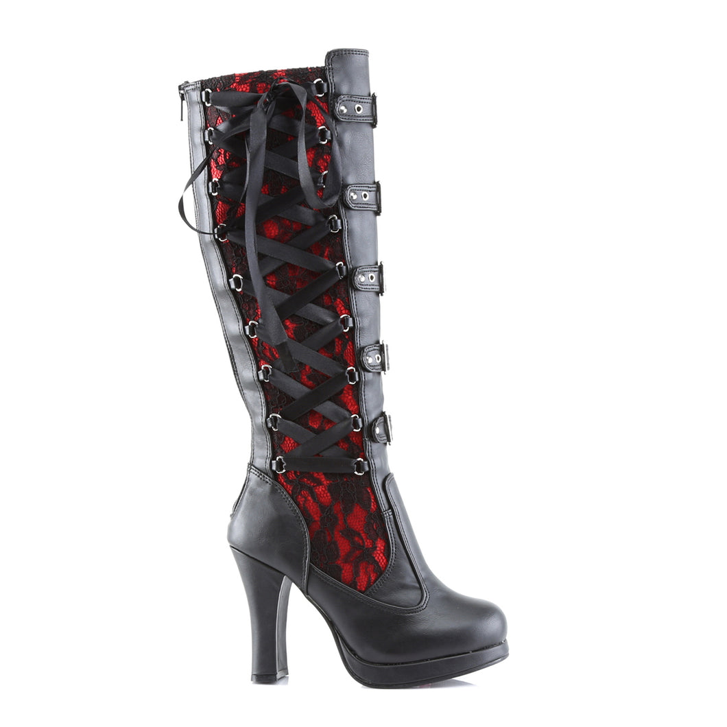Demonia Crypto-106 High-Heeled Calf Boot in Black Vegan Leather and Lace