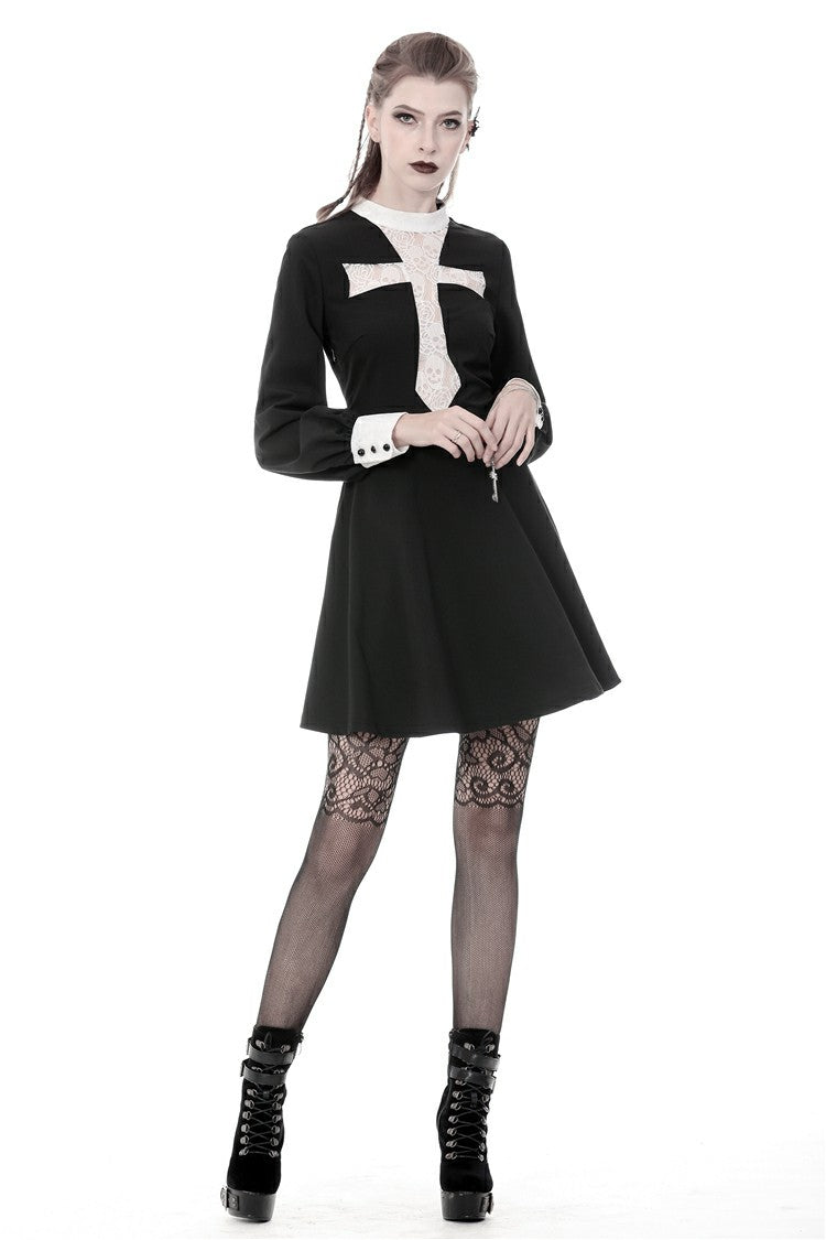 Dark in Love Black Gothic Long-Sleeve Dress with Skull Lace Cross Cutout