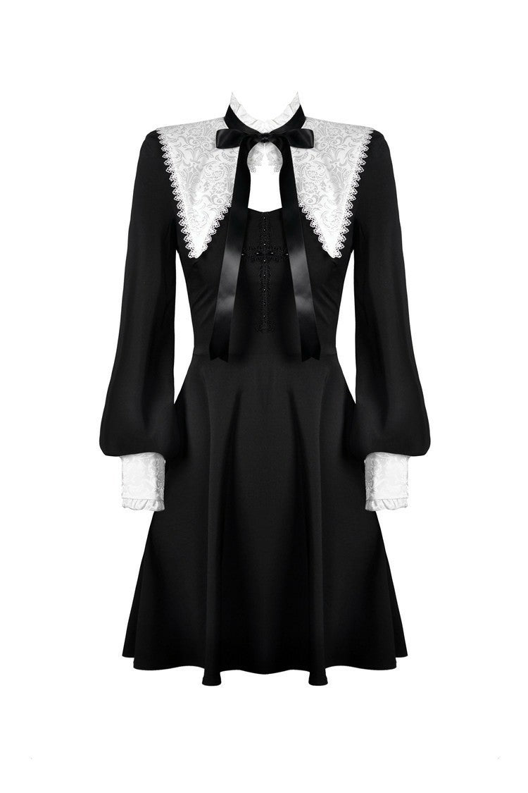 Dark in Love Gothic Lolita Black and White Bow Neck Dress