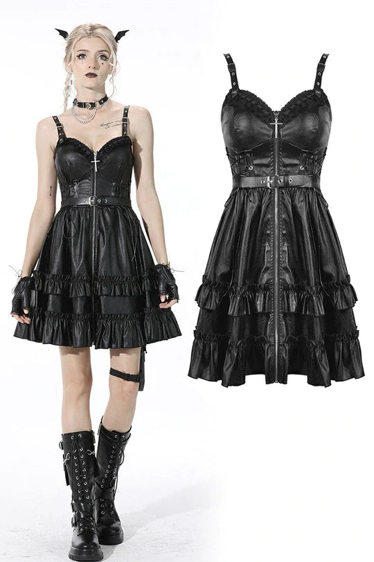 Dark in Love Tiered Faux-Leather Strap Dress