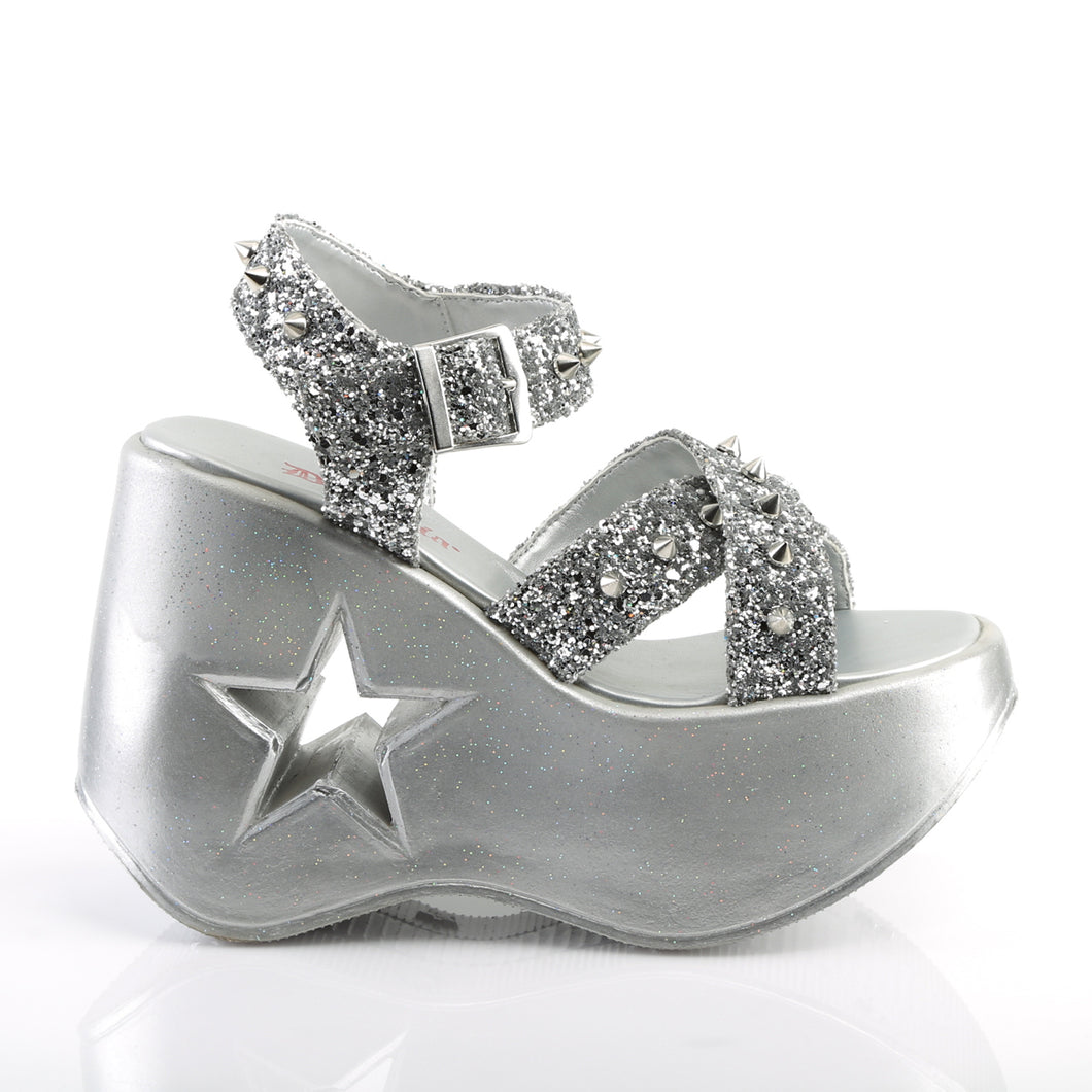 Demonia Dynamite-02 Star Cut-Out Platform Sandals in Silver Glitter