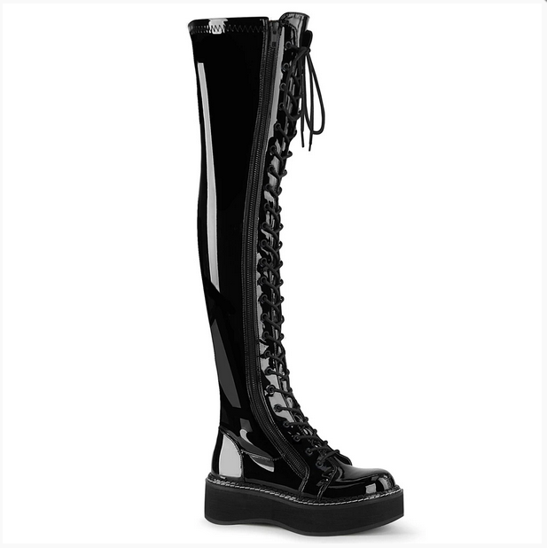 Demonia Emily-375 Thigh Boots in Black Patent