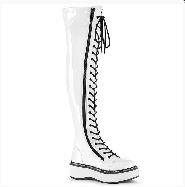 Demonia Emily-375 Thigh Boots in White Patent