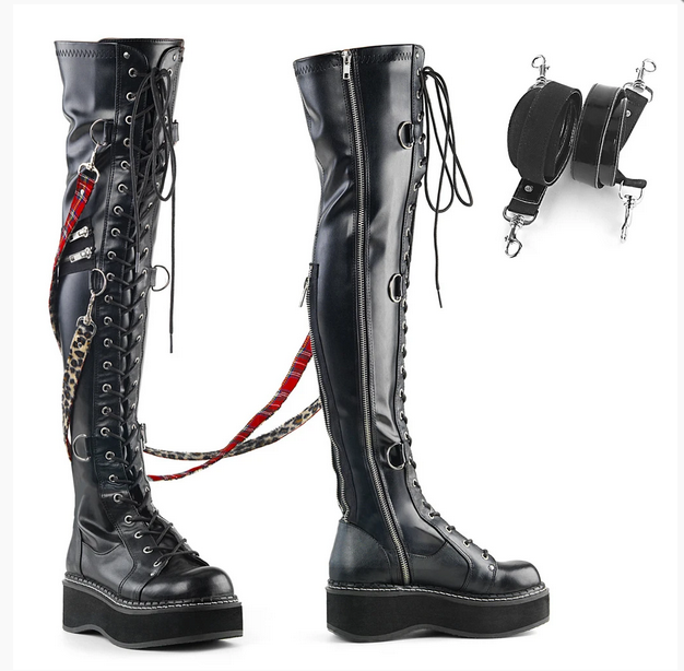 Demonia Emily-377 Thigh Boots in Black Vegan Leather
