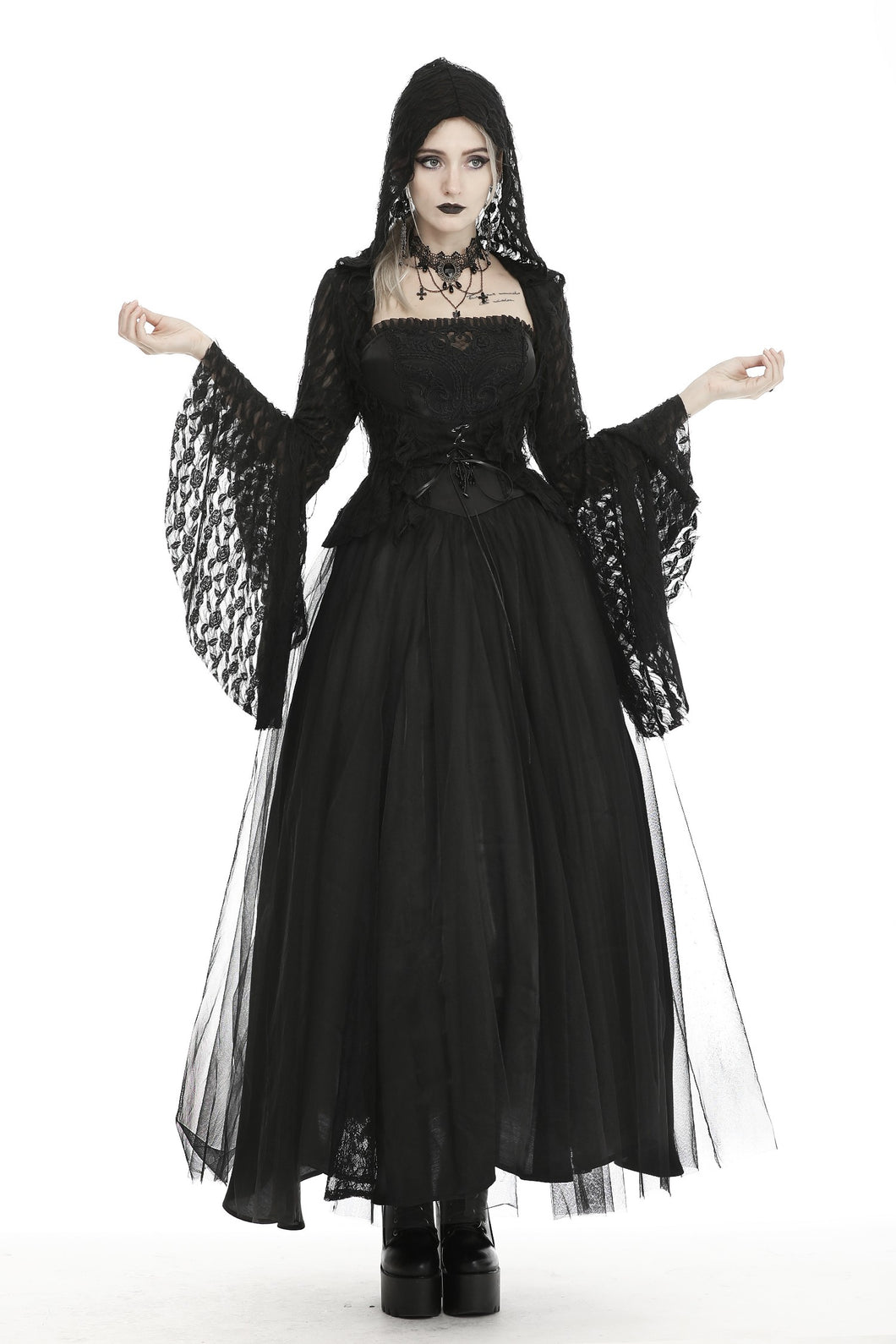 Dark in Love Distressed Lace Hooded Bell Sleeve Tailcoat