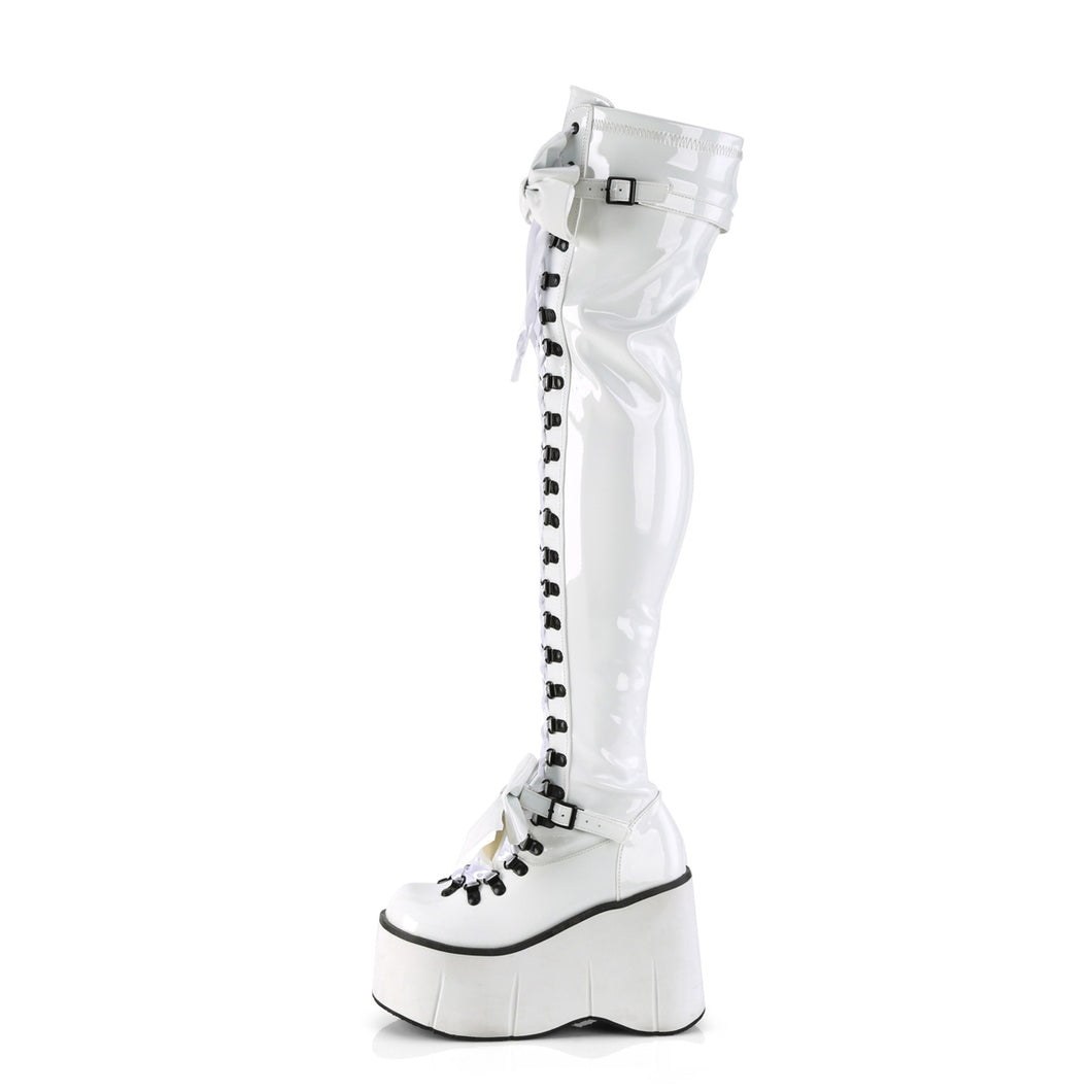 Demonia Kera-303 Platform Thigh Boots in White Stretch Patent Vegan Leather